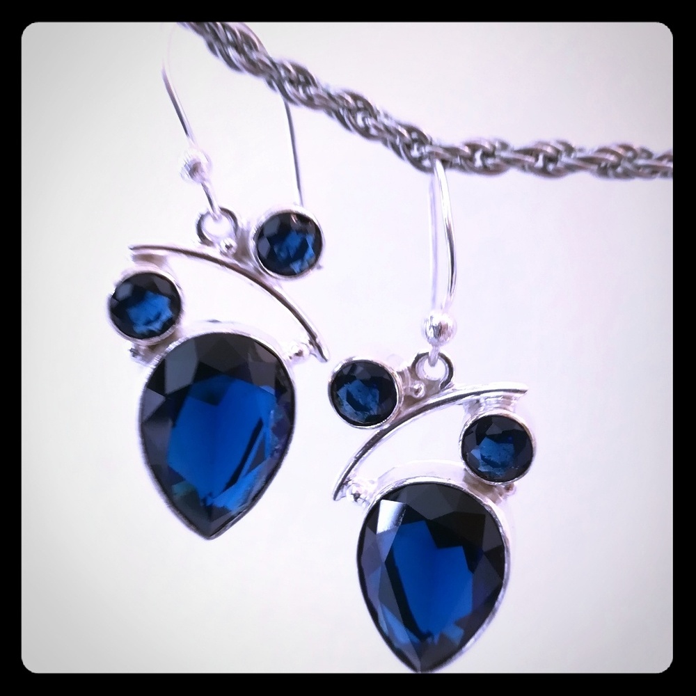 Large natural sapphire & silver dangle earrings